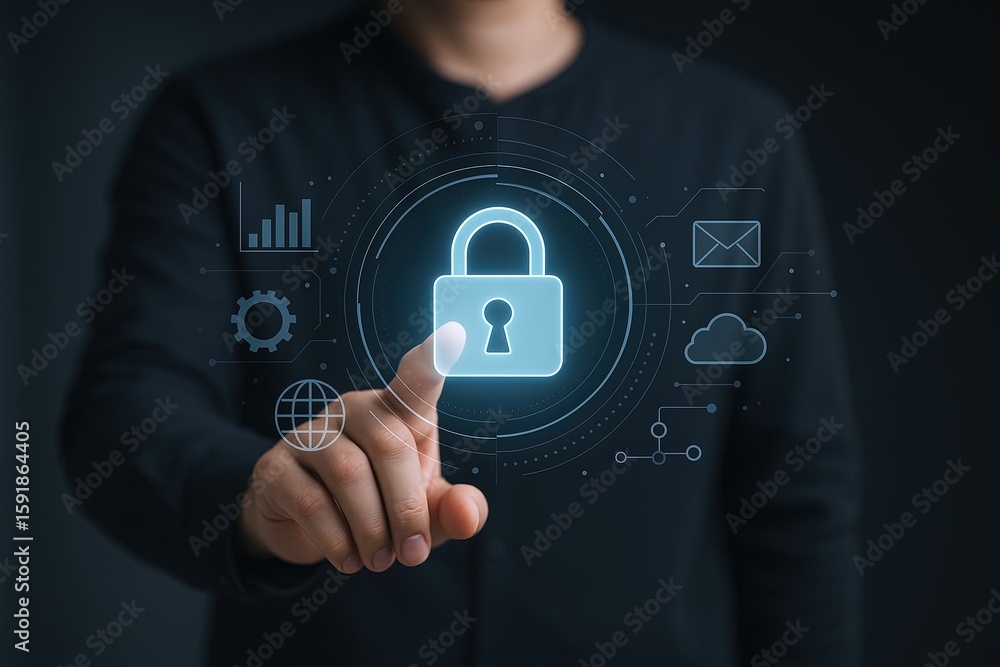 Poster person touching digital lock icon on virtual security interface in dark setting.