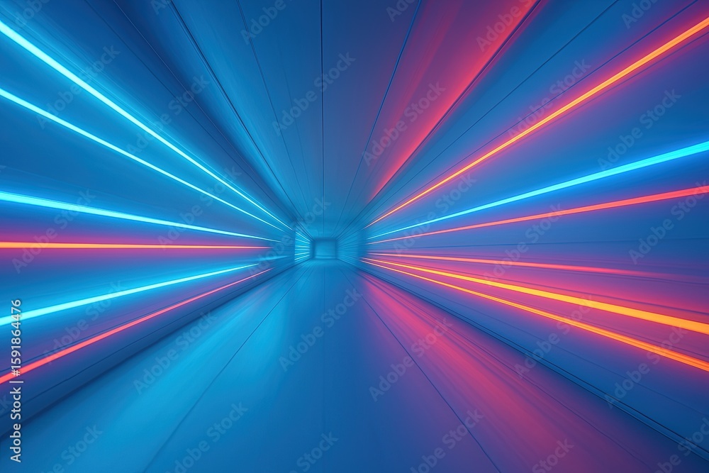 Poster futuristic neon tunnel with vibrant blue and red lighting creating a dynamic motion effect.