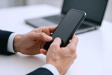 Close-up of a person holding a smartphone with a laptop on a desk in the background.
