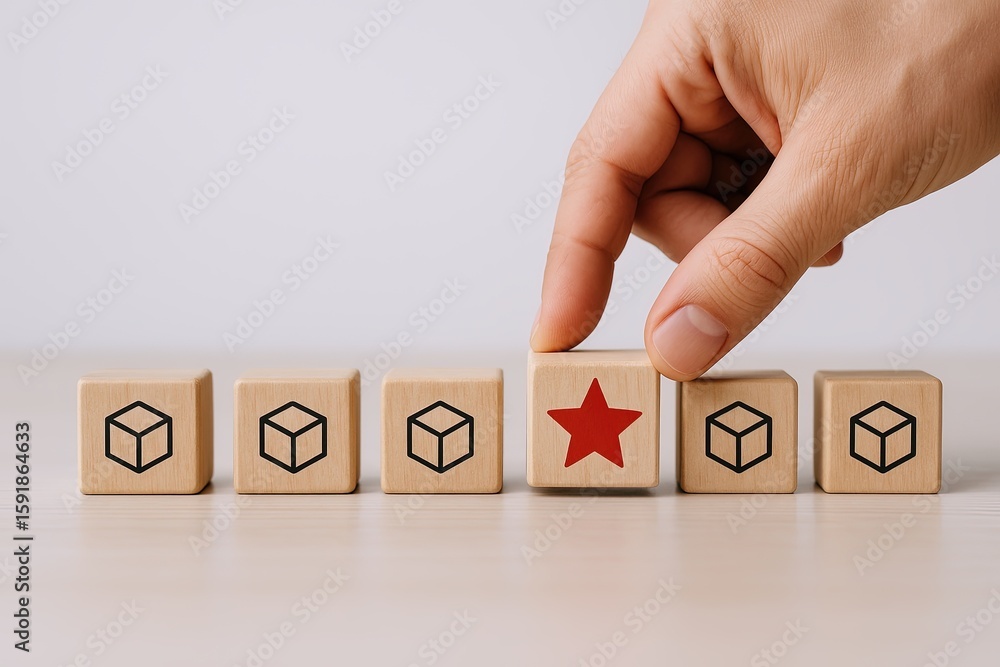 Poster hand selecting wooden blocks with cube icons and a red star on one block.