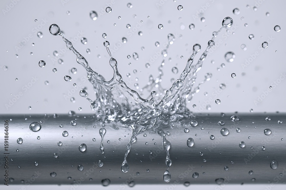 Poster high resolution detailed close-up image of water splash with droplets and ripples on surface.