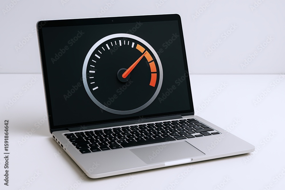 Aufkleber modern laptop computer with a speedometer gauge display on the screen, technology concept.