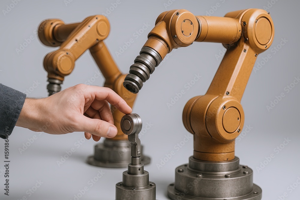 Aufkleber close-up of a human hand adjusting control on robotic arm with multiple mechanisms.