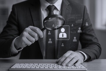 Businessman in formal suit using digital magnifying glass to analyze social media profiles.
