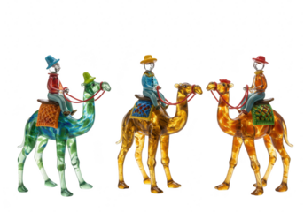Three colorful glass camel figures with riders wearing hats, standing together on a transparent background
