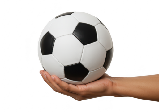 A persons hand gently holding a classic black and white soccer ball, isolated on a transparent background - Powered by Adobe