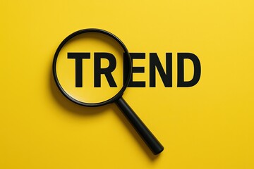 Magnifying glass highlighting the word TREND on a bright yellow background.