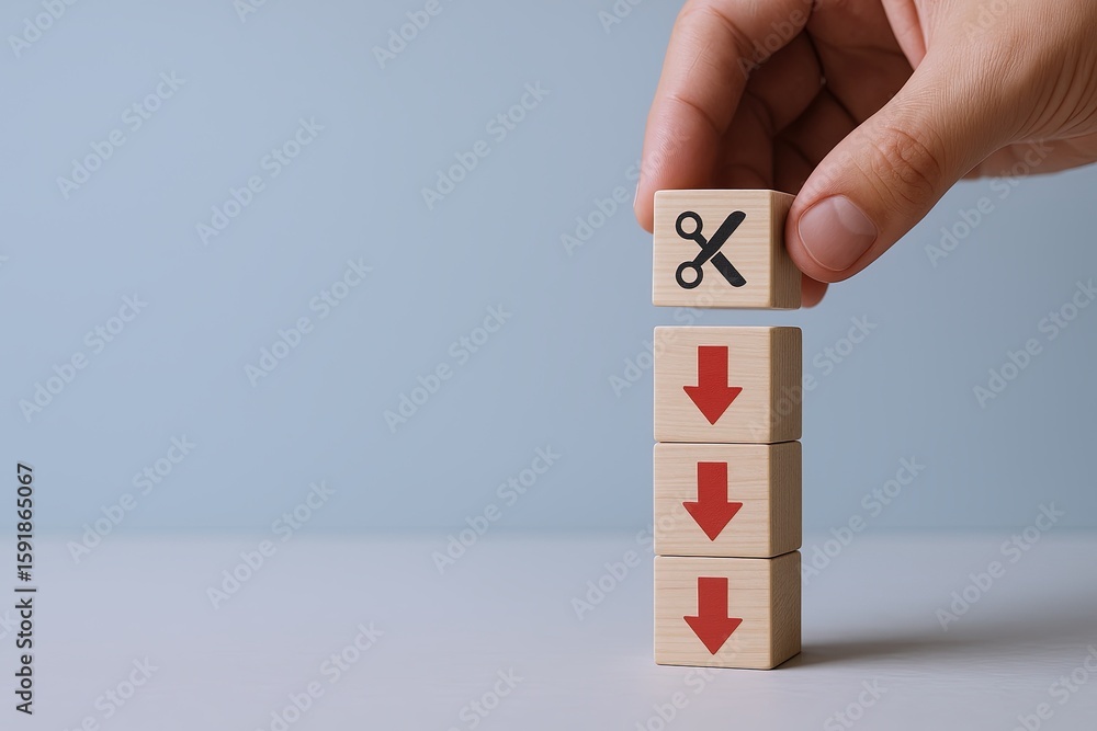 Poster hand stacking wooden blocks with scissors and downward arrows on a plain background.