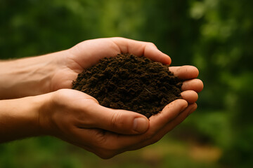 Hands holding rich organic soil in garden with green background