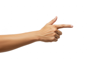 A human hand pointing forward with the index finger, isolated on a transparent background