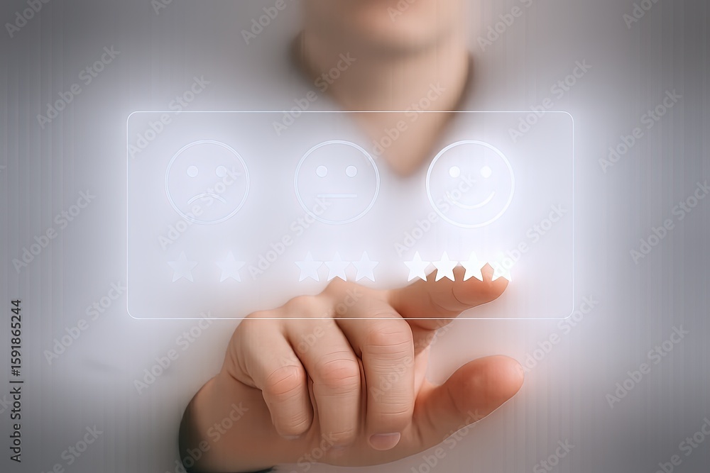 Poster close-up of a person selecting a digital happy face emoji from a futuristic touchscreen interface.