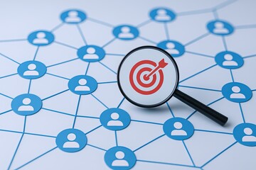 Digital Connection Network of Users with Magnifying Glass Focus on Target Aim.