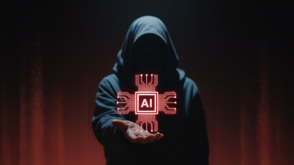 A dark, mysterious digital illustration of a hooded figure in shadow holding a glowing red AI processor icon above their palm.