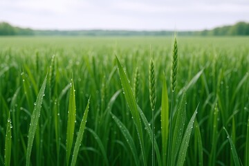 Obraz premium Lush green grass in a wide open agricultural field with fresh dewdrops and scenic horizon.