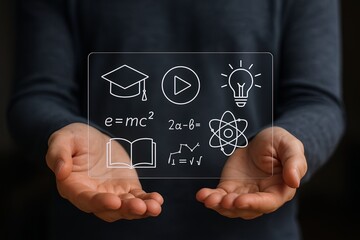 Hands Holding Transparent Digital Screen with Educational Icons and Scientific Symbols.