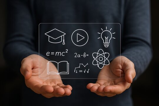 Hands Holding Transparent Digital Screen with Educational Icons and Scientific Symbols.