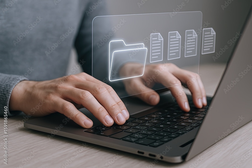 Poster close up of hands typing on laptop with digital file folder icons on transparent screen.