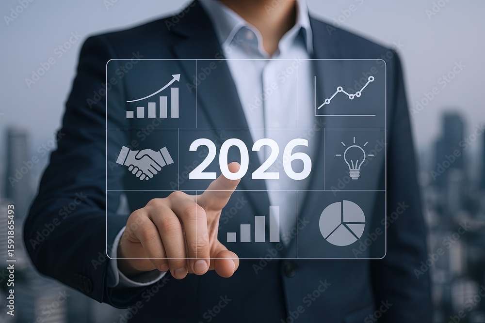 Poster business man touching digital transparent dashboard with business analytics graphs and 2026 year con