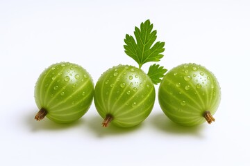 Fresh Green Gooseberries with Water Droplets and a Leaf Isolated on White Background.
