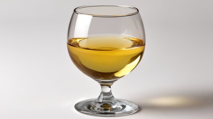 A single glass filled with amber liquid likely white wine sits on a plain white surface with soft lighting