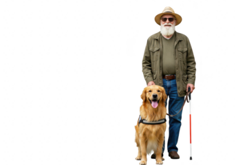 An elderly man with a white beard and a guide dog stands together, isolated on white isolated on transparent background
