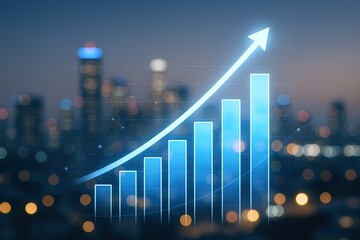Business growth analytics with rising bar chart and upward arrow over city skyline background.