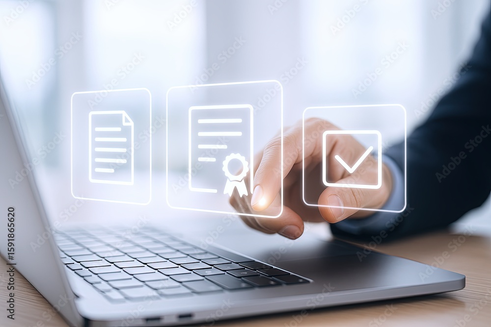 Poster modern digital document management technology concept with touchscreen interface.