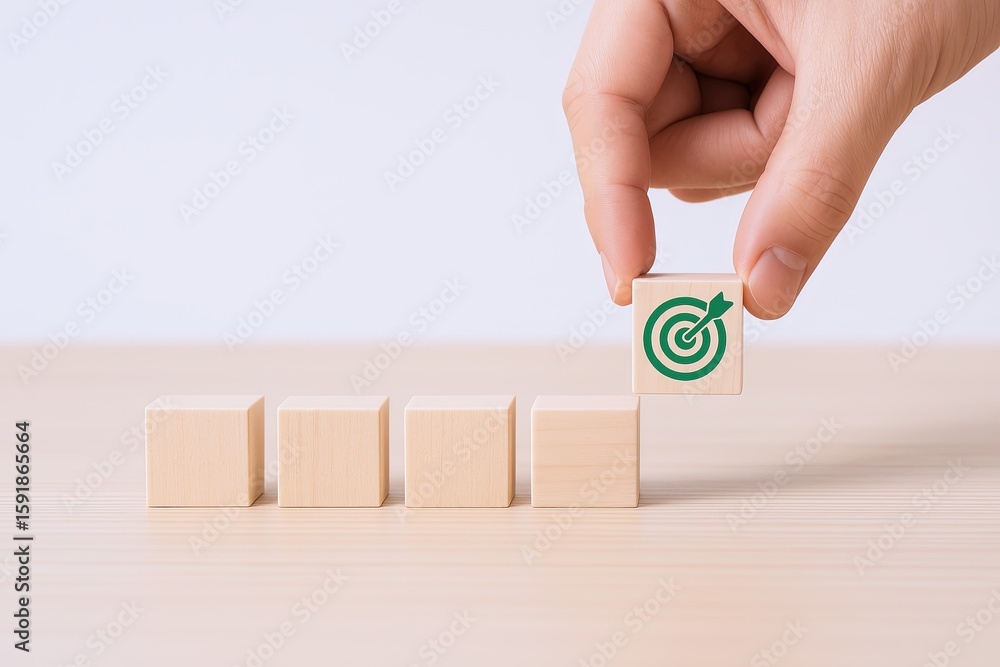 Poster hand picking wooden block with target symbol placed on row of blocks symbolizing goals.