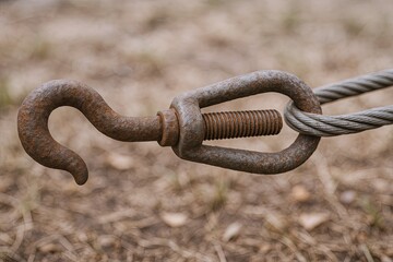 Close-up of Rusted Metal Hook and Wire Rope Anchor on Ground Surface in Outdoor Environment.