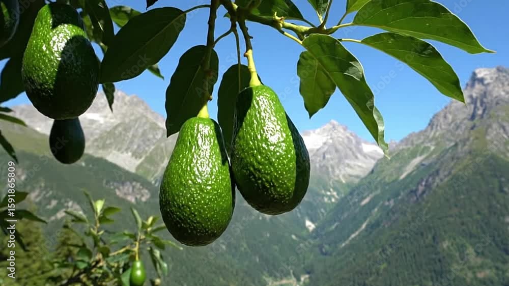 Poster avocados hang on a tree with mountains in the background
