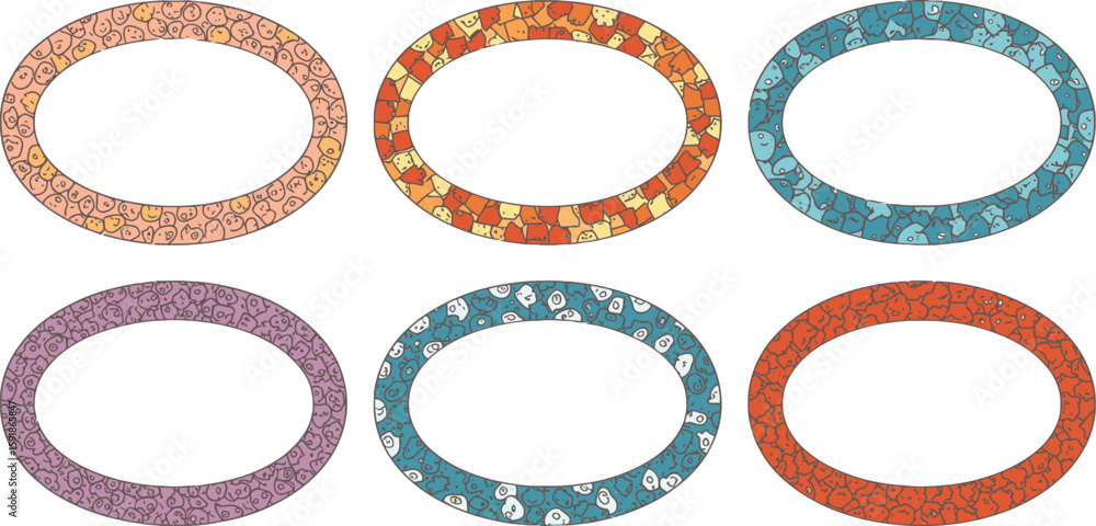 Poster vector art of a collection of six oval frames with various colorful cartoon animal face patterns iso