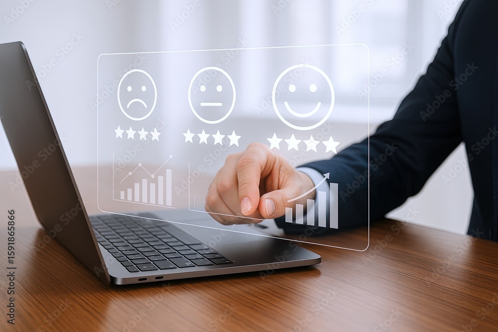 Poster businessman using digital feedback system with emoticons and data graphs on laptop screen.