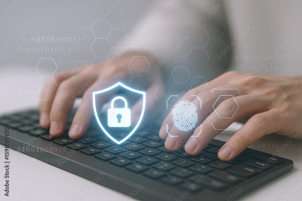 Poster hands typing on keyboard with digital security icons and biometric fingerprint.