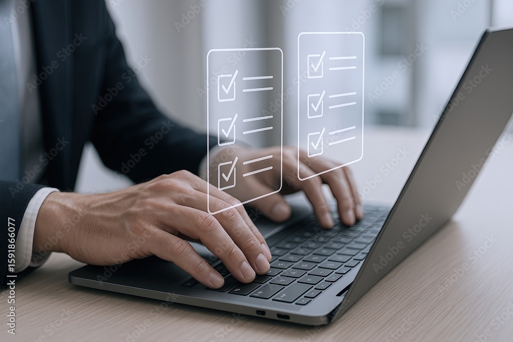 Poster businessman using laptop with virtual digital checklist and task management interface.