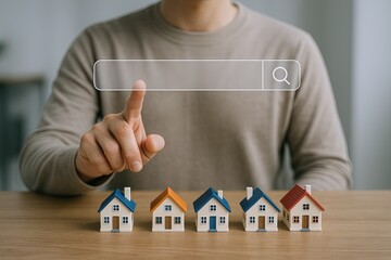 Person pressing virtual search bar above small colorful house models on wooden surface.