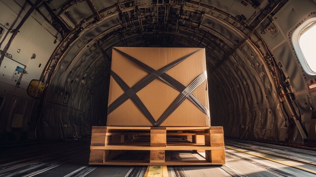 Large cargo box secured on wooden pallet inside airplane cargo hold.