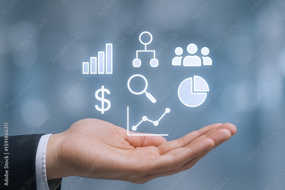 Poster business analytics and data visualization icons floating above a hand in a digital environment.