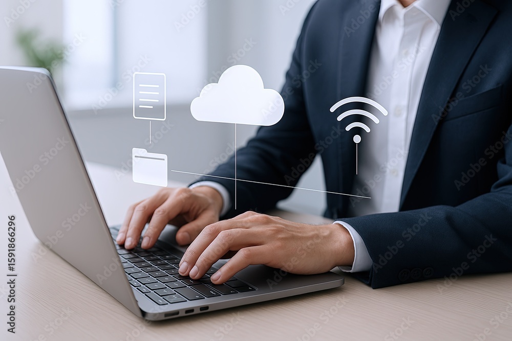 Aufkleber businessman using cloud computing technology with network connectivity and laptop.