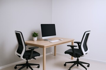 Fototapeta premium Minimalist Office Conference Table with Three Adjustable Chairs and Computers.