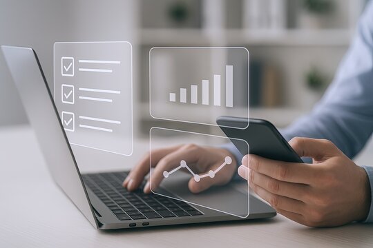 Businesswoman analyzing digital finance data with smart technology devices in bright office environment.