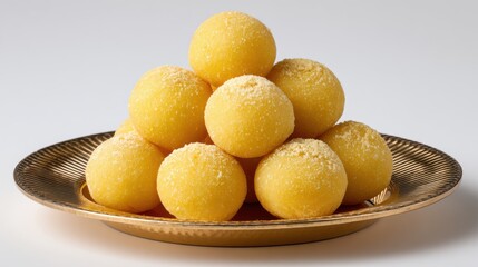 A pyramid of golden yellow laddu sweets dusted with fine sugar granules presented on an ornate golden platter against a white background