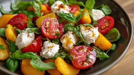 Fresh summer salad with tomatoes, peaches, basil, and cheese delight