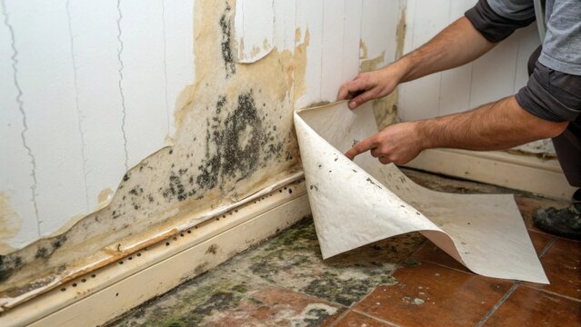 Peeling damaged wallpaper to reveal mold and water damage in home renovation project