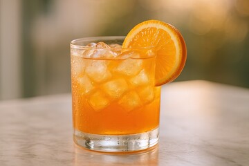Refreshing orange cocktail with ice and orange slice served on marble surface.
