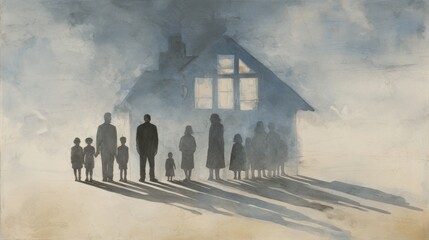 Silhouettes of human figures and a house in mist, a conceptual artwork representing family and home, a sense of memory
