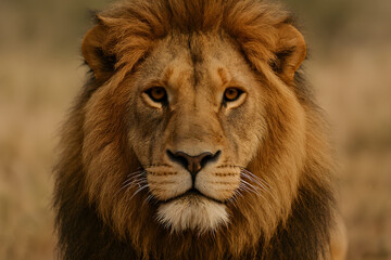 Fototapeta premium Close up portrait of majestic male lion in natural wildlife habitat