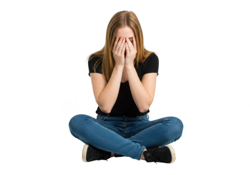 A young woman sits crosslegged with her hands covering her face, expressing distress and sadness isolated on transparent background