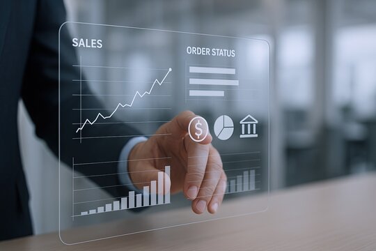 Business professional interacting with transparent digital data visualization of sales and growth. - Powered by Adobe