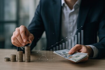 Businessman analyzing financial growth with stacked coins and dollar bills in modern office.