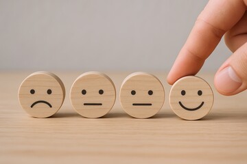 Hand pressing cheerful wooden smiley face on a row of sad neutral and happy faces.